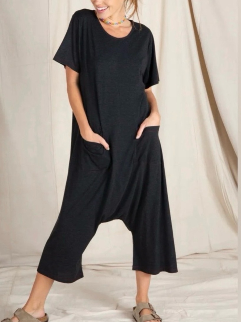 NATURAL LIFE Black Short-Sleeve Drop-Crotch Jumpsuit
